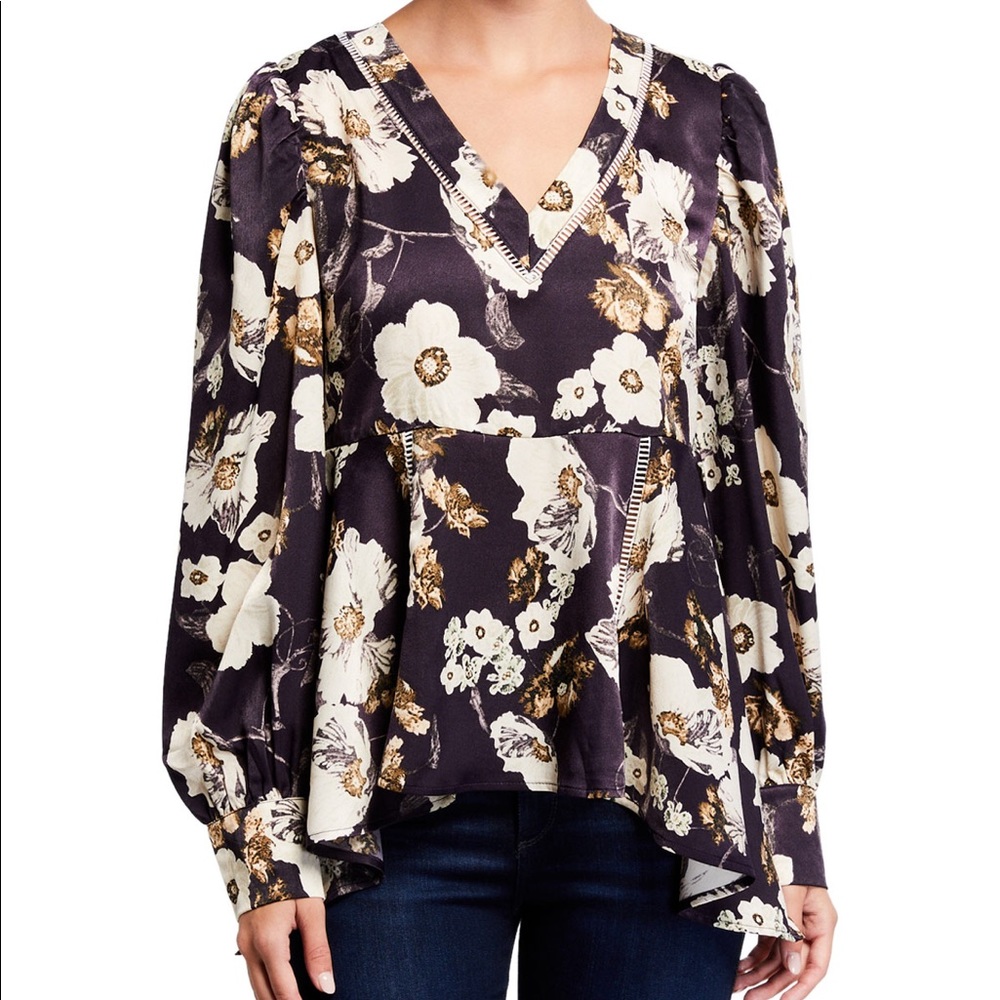 NWT Lumie Floral V-Neck Lace Inset Bishop Blouse